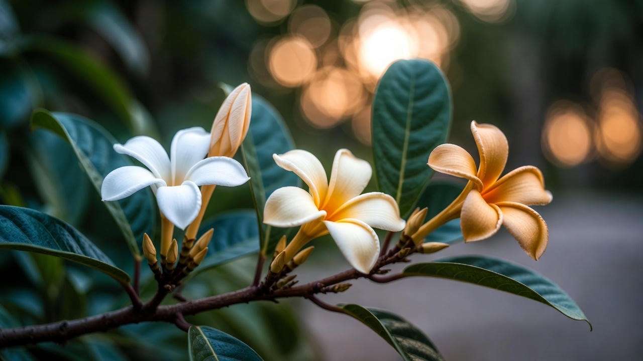Puakenikeni flower color change stages from white to cream to gold