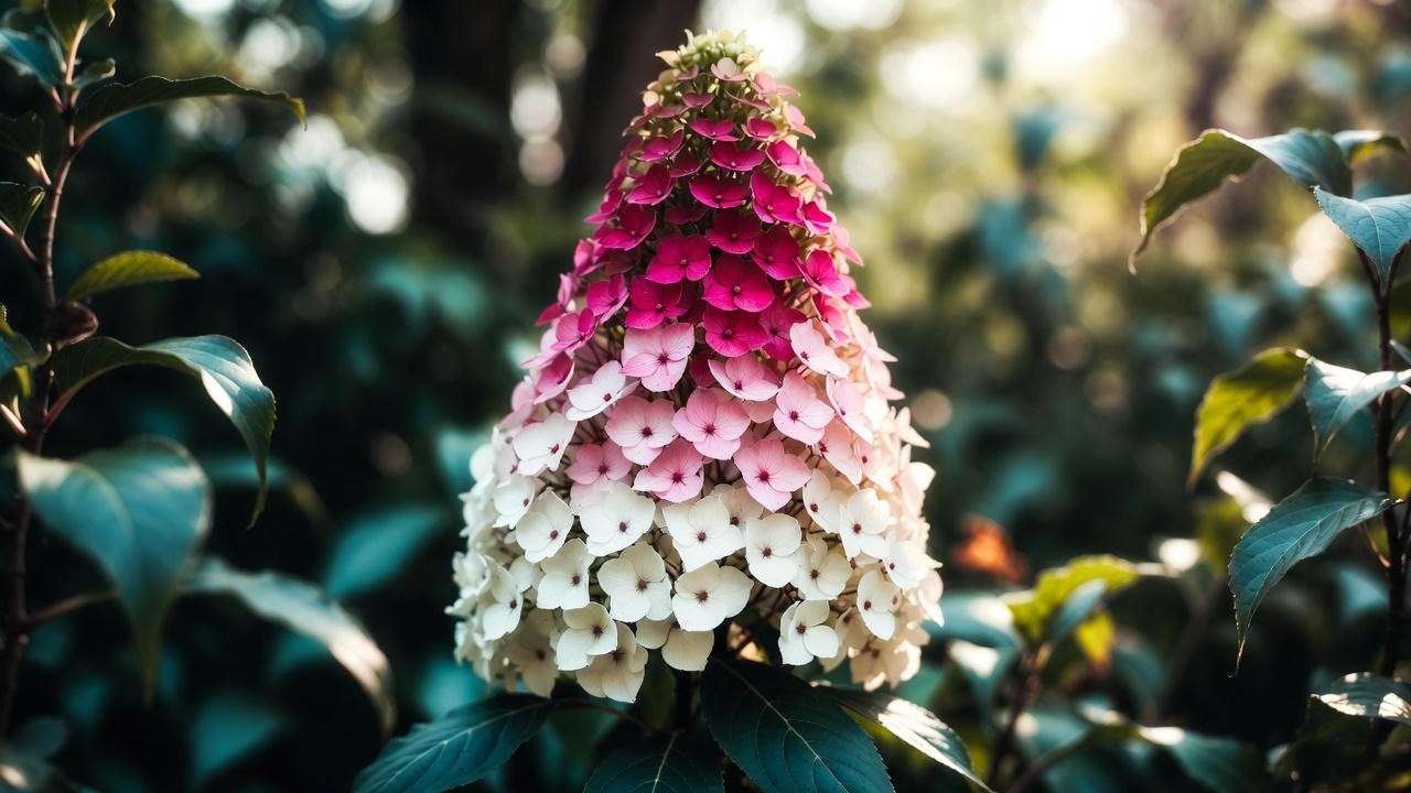 Close-up of Quick Fire hydrangea tree panicle showing white to pink to crimson color shift on new wood