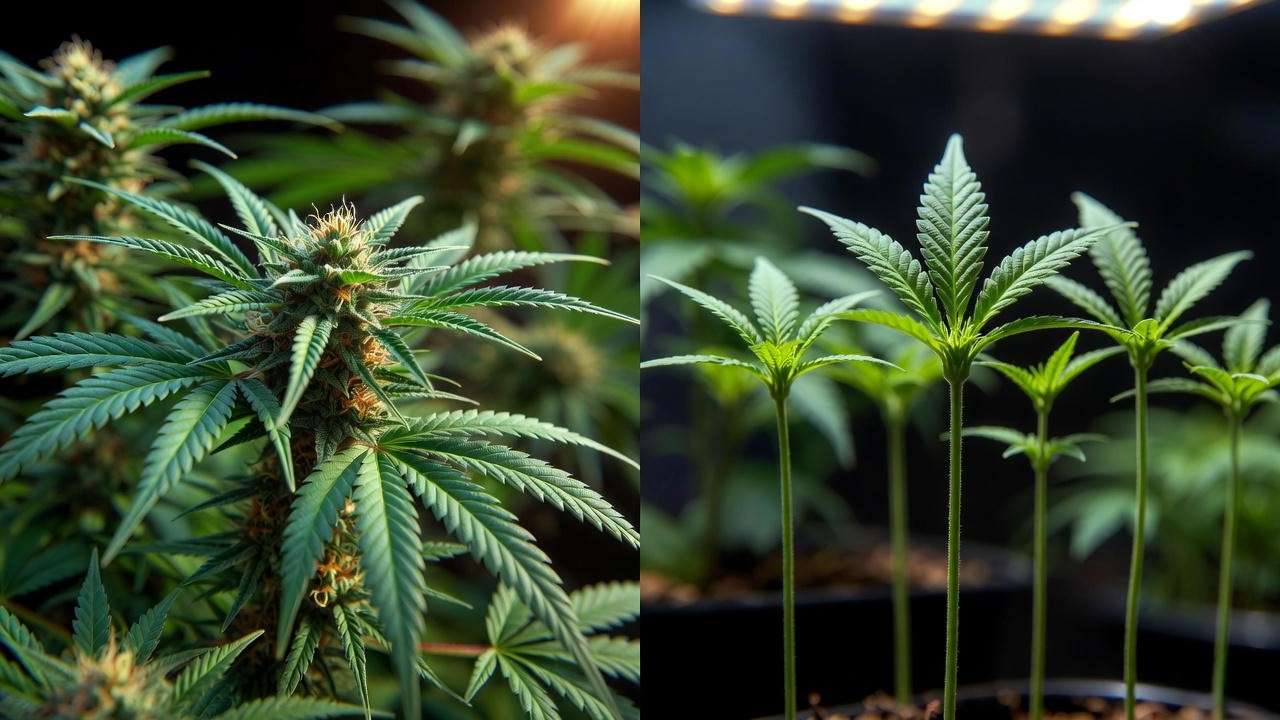 Cannabis mother plant next to genetically identical clones showing perfect uniformity