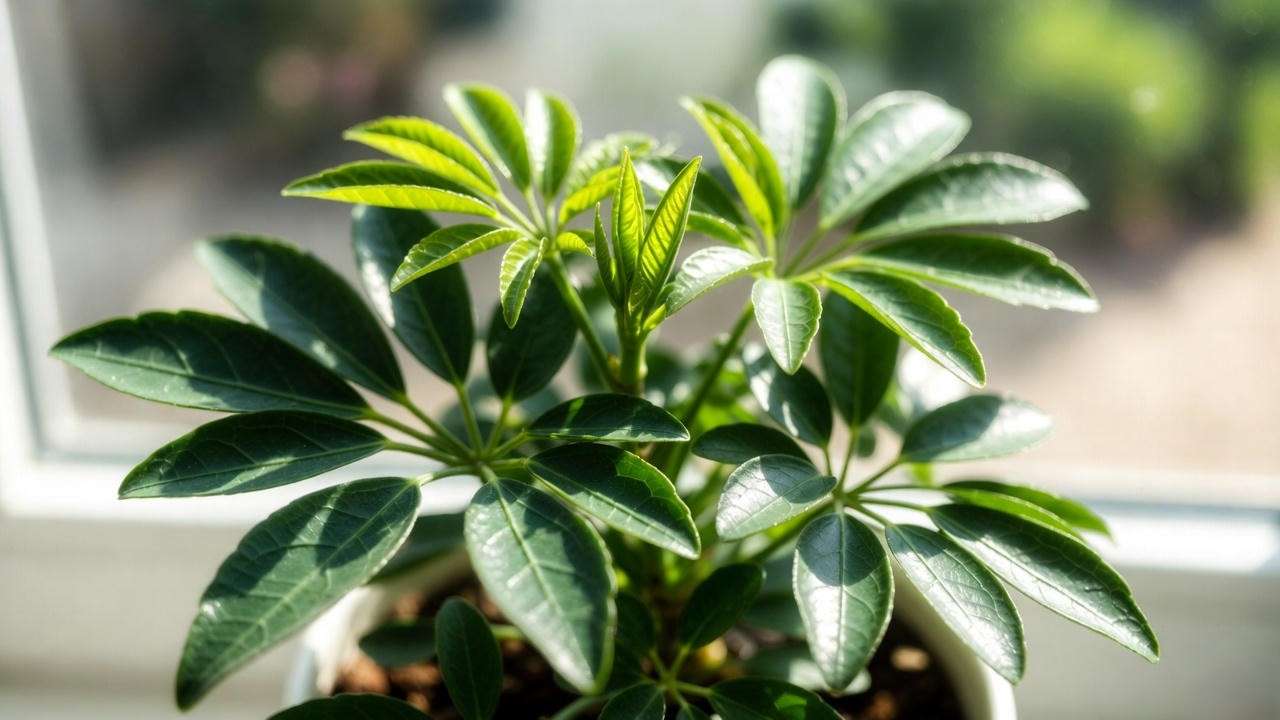 Healthy dwarf umbrella plant (Schefflera arboricola) showing perfect new growth ready for propagation