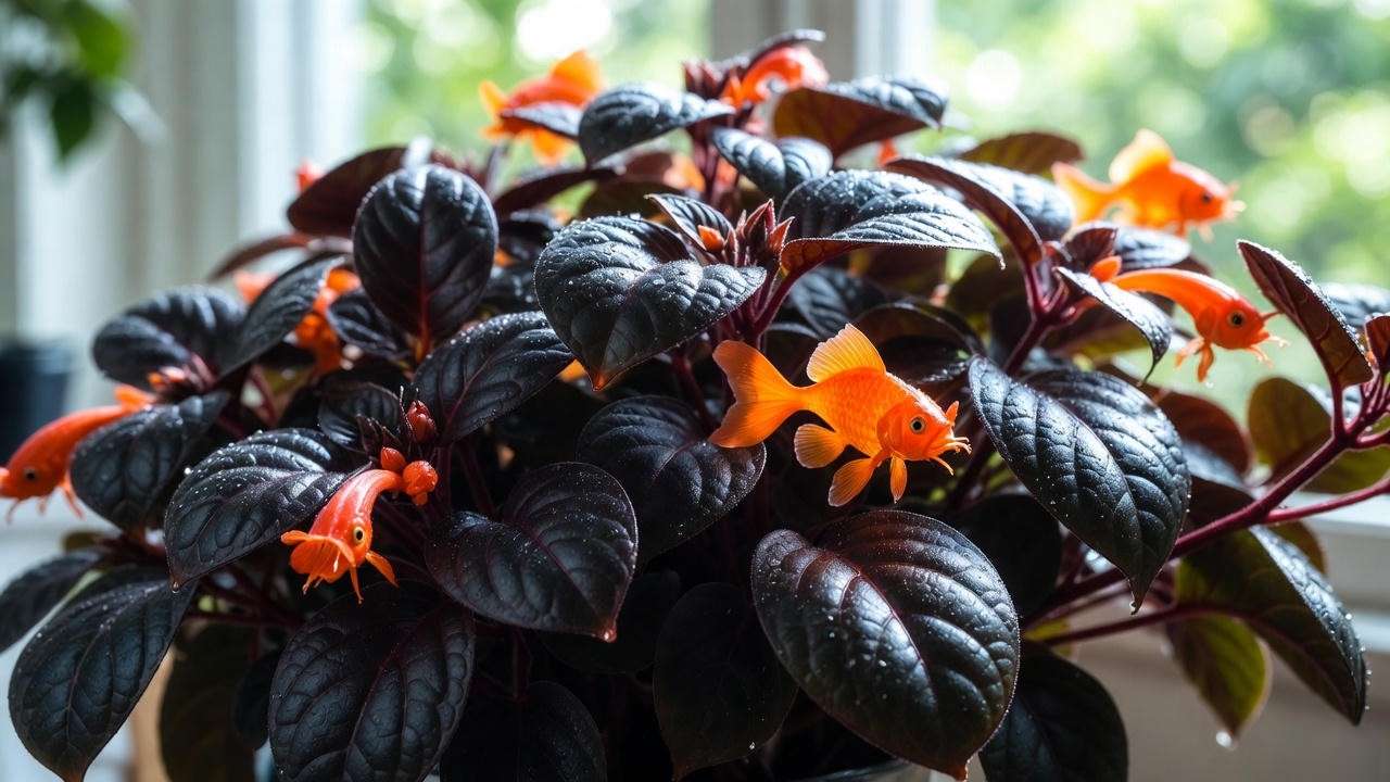 Close-up of Black Gold goldfish plant showing signature black leaves and orange goldfish-shaped flowers