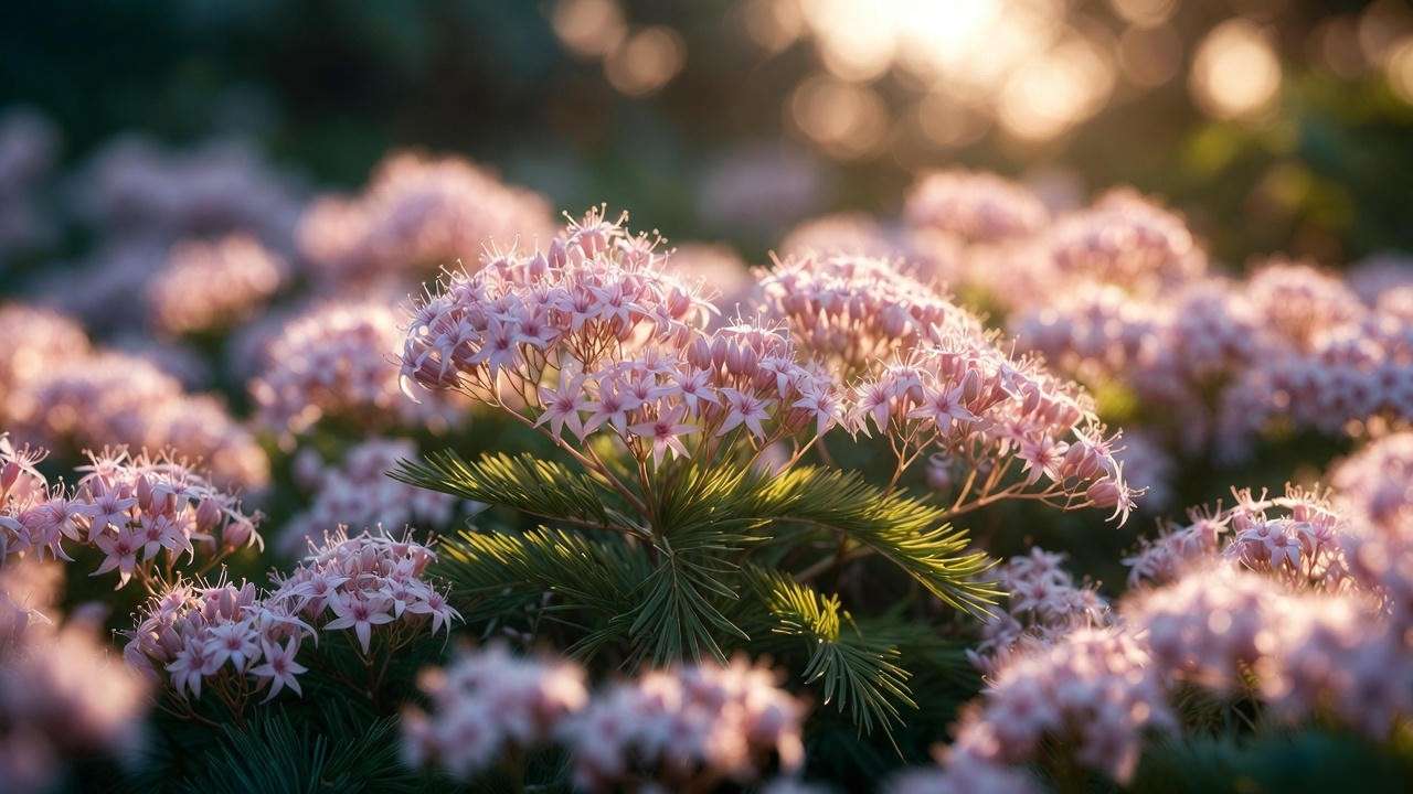 Close-up of breath of heaven plant (Coleonema pulchellum) covered in delicate pink star-shaped flowers