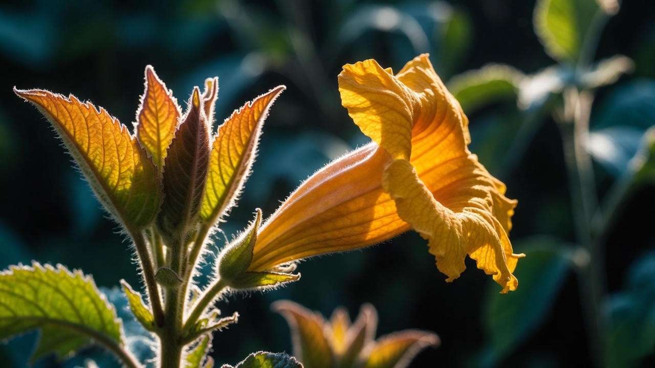 Close-up of gold trumpet tree flower and bronze new growth – Handroanthus chrysotrichus