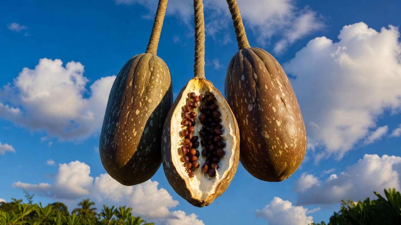 Close-up of mature Kigelia africana sausage fruits hanging from long peduncles with one fruit opened showing seeds