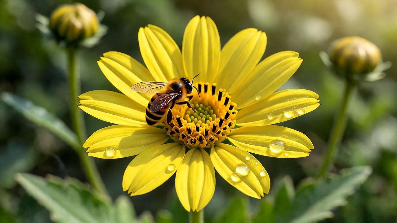 Close-up of blooming niger seed plant flower with bee for identification and care guide