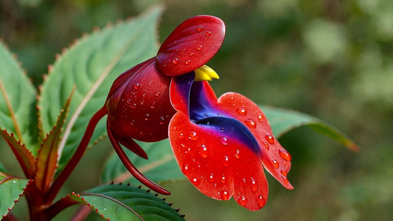 close-up of parrot flower plant showing beak-shaped crimson bloom and violet throat