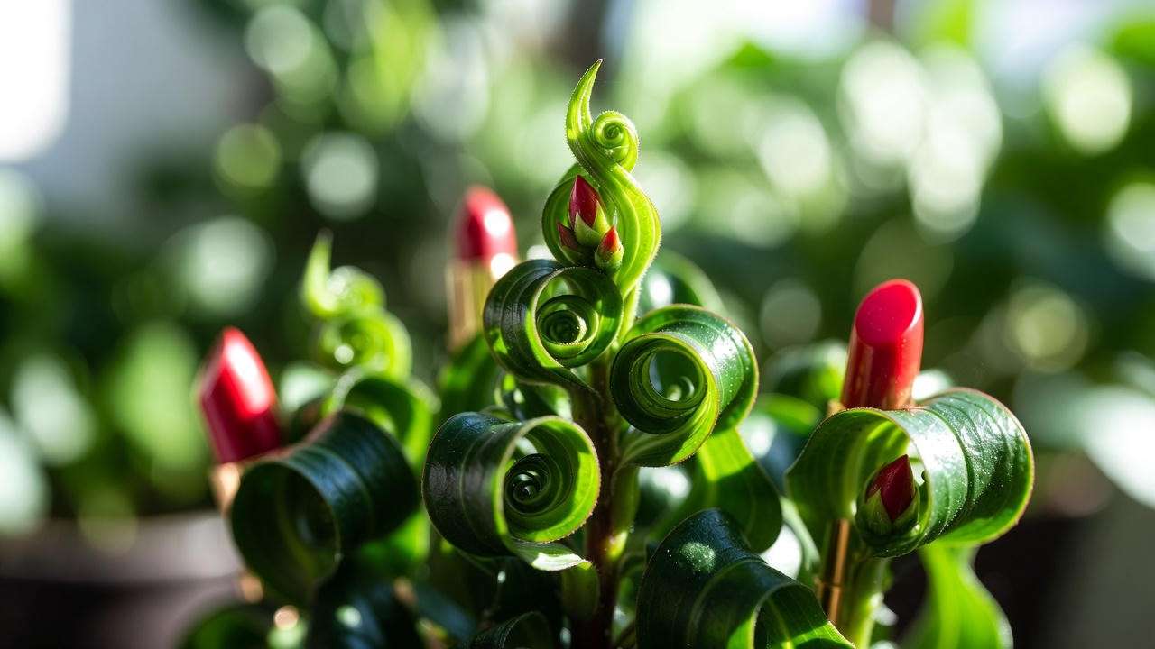 Twisted lipstick plant ‘Curly’ showing signature spiraling leaves and red flower buds