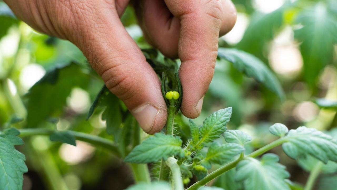 Close-up of removing tomato suckers by hand to improve airflow and yield