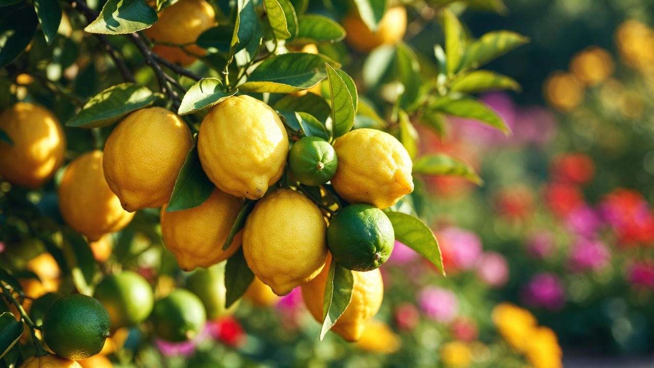 Close-up of lemon lime citrus tree branch with ripe lemons and limes in a sunny garden."