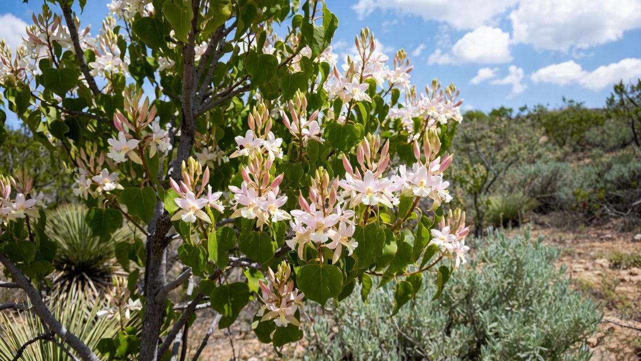 Close-up of an anacacho orchid tree in Texas with white and pink blooms and heart-shaped leaves in a sunny landscape."