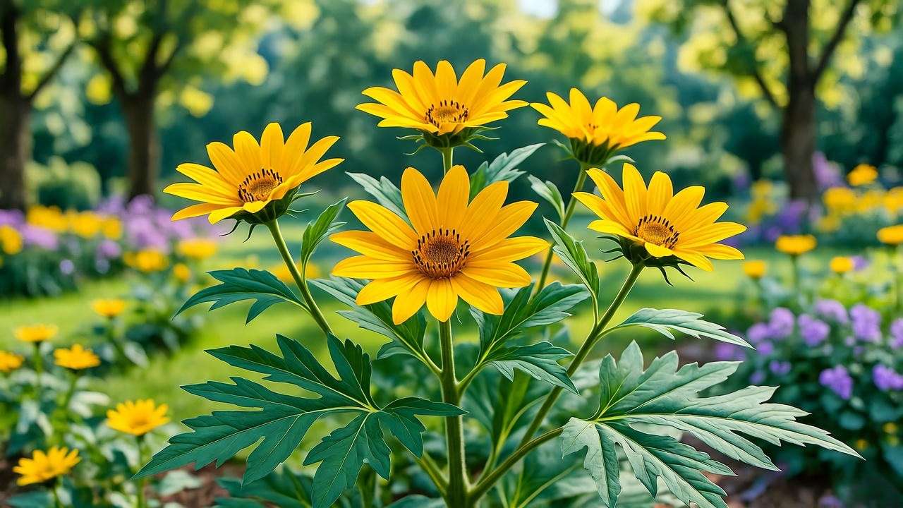 "Close-up of sochan plant with yellow blooms and green leaves in a garden."