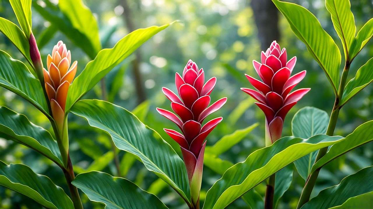 Close-up of spiral ginger plant with red and orange blooms in a tropical garden"