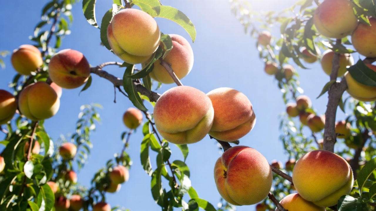 Ripe Desert Gold peach tree loaded with large golden-yellow peaches in desert sunlight