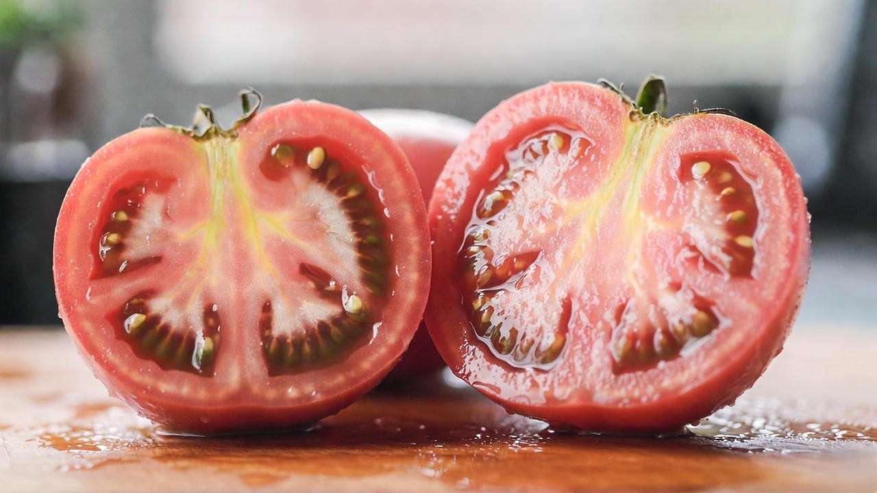 Sliced German Johnson heirloom tomatoes showing juicy pink flesh and rich flavor