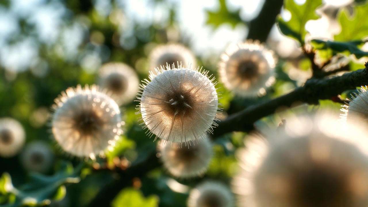 Microscopic view of oak pollen grains with blurred spring oak leaves background"