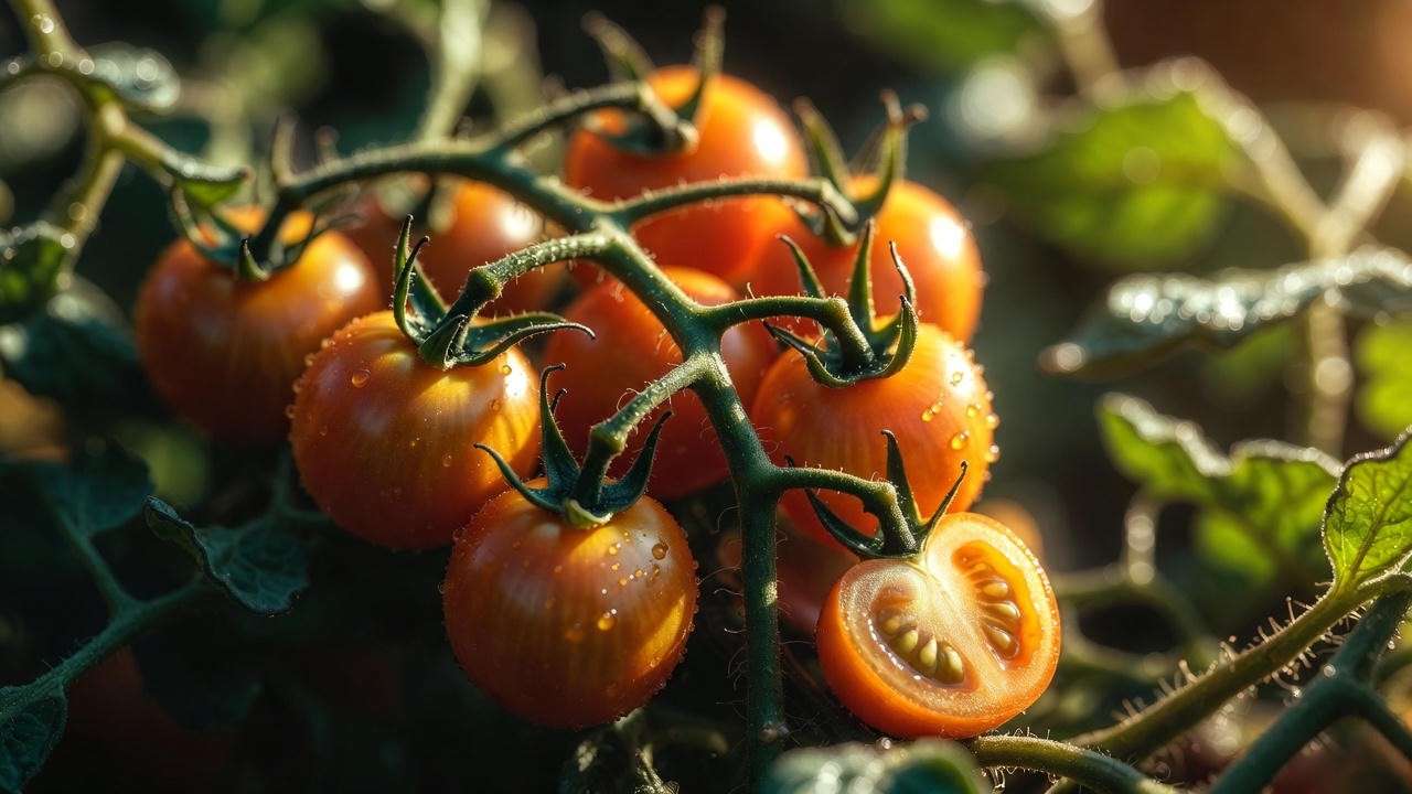 Close-up of ripe Sungold cherry tomatoes bursting with juice on the vine