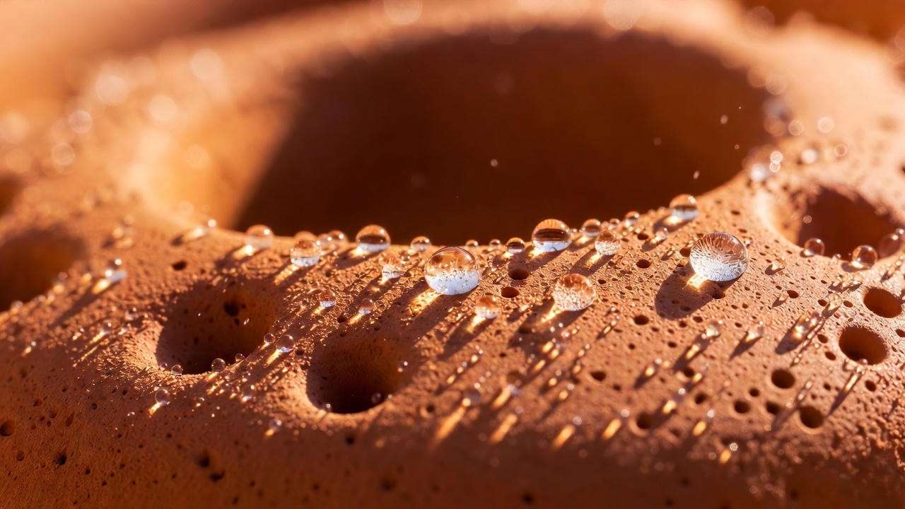 Close-up of porous terracotta garden plant pot wall showing breathability and moisture evaporation