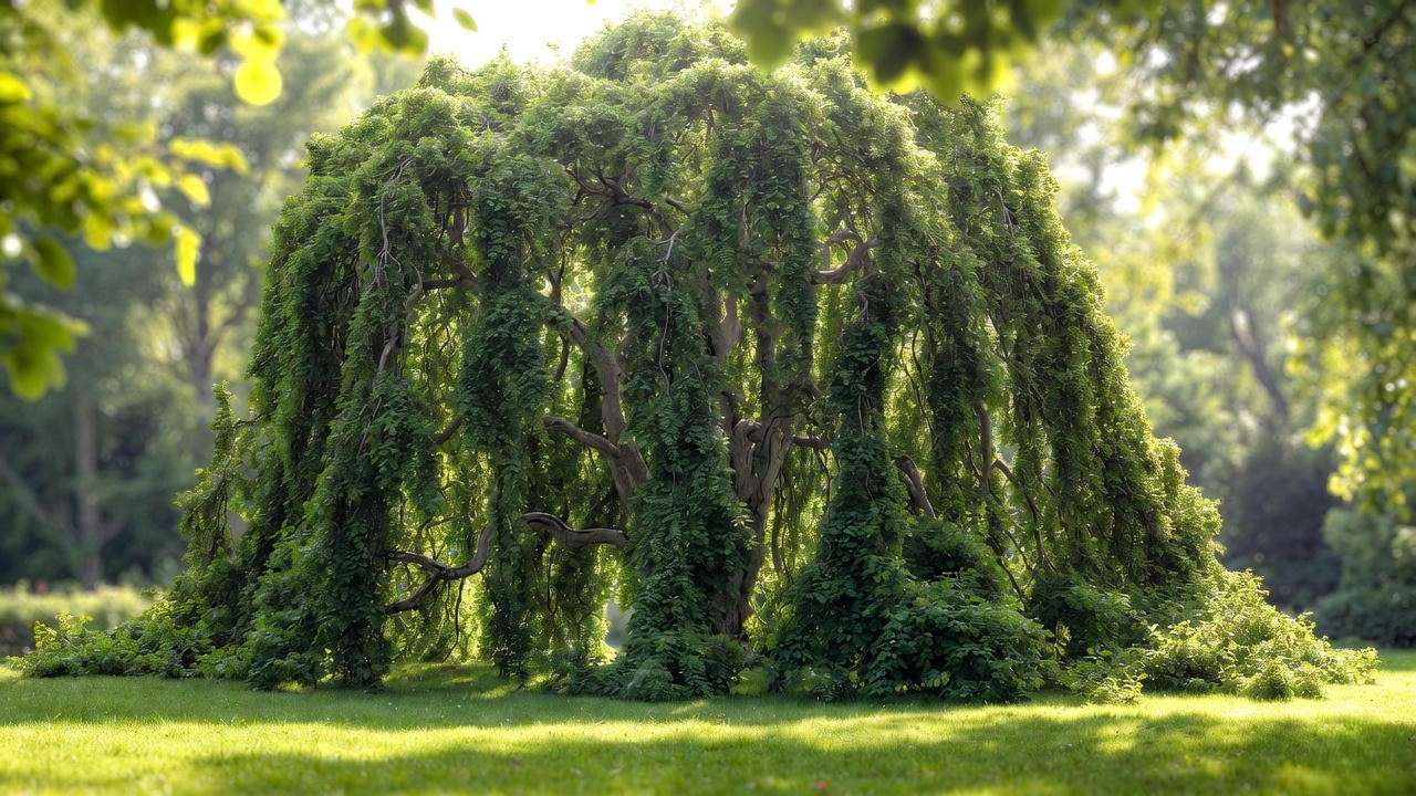 Mature weeping European beech tree forming a dramatic natural cathedral in summer