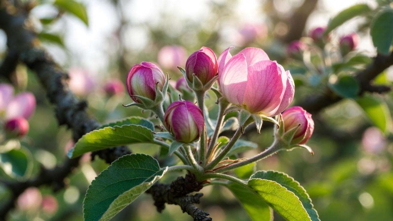 Close-up of apple tree flower buds in different stages of development in a serene orchard."