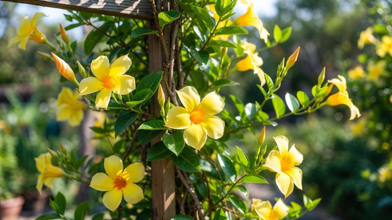 Close-up of yellow mandevilla plant with blooms on a trellis in a sunny garden.