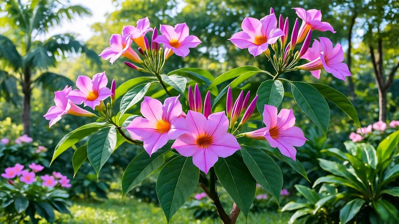 Close-up of Tabebuia impetiginosa tree with pink trumpet flowers in a tropical garden.