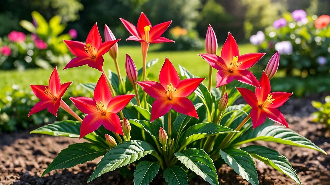 Close-up of Texas Star Plant with red star-shaped blooms and green leaves in a sunny garden."