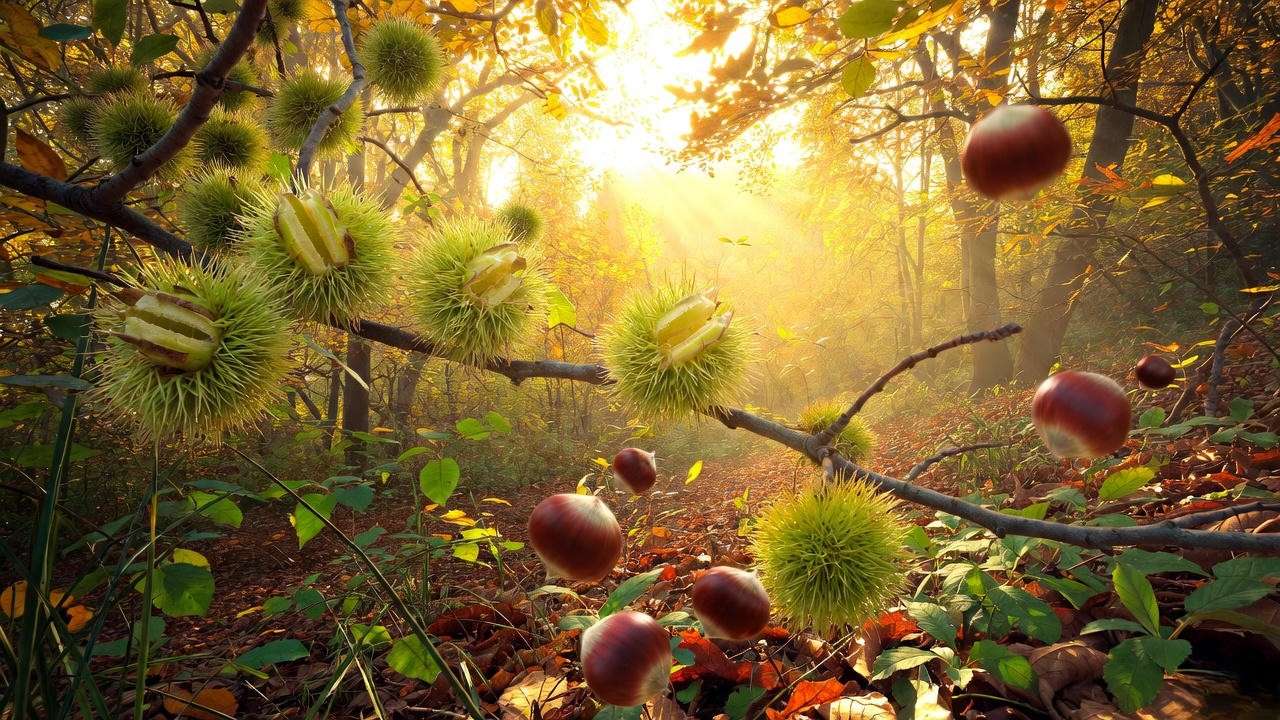 Ripe chestnuts naturally falling from open burs in autumn