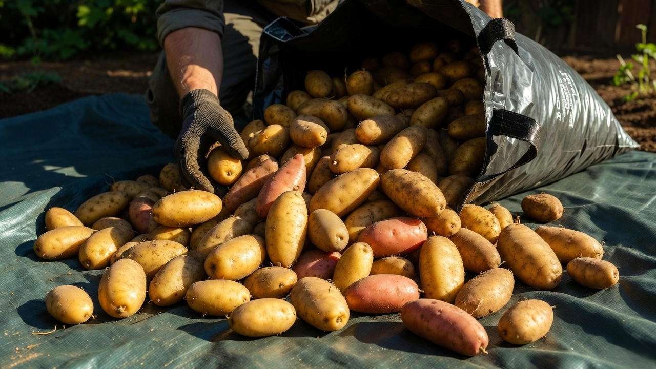 Massive potato harvest being dumped from a single grow bag