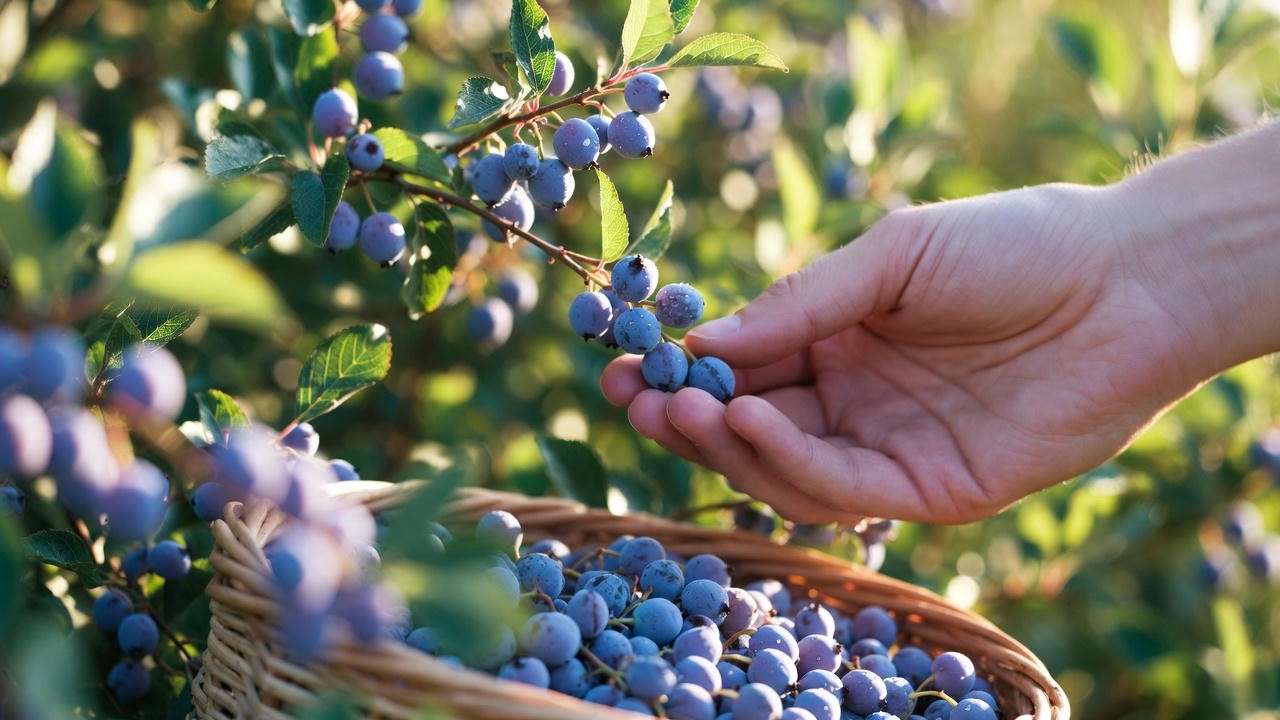 Hand harvesting perfectly ripe Legacy blueberries at peak sweetness
