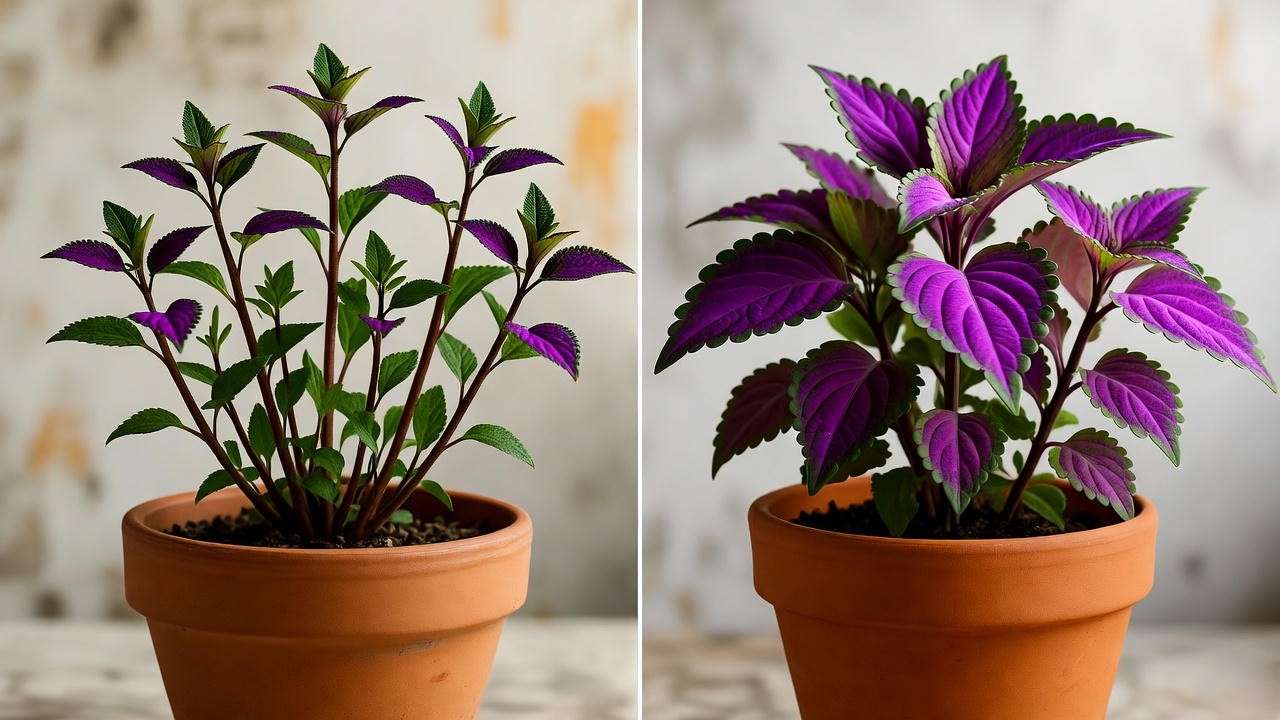 Before and after pruning purple coleus for bushier growth
