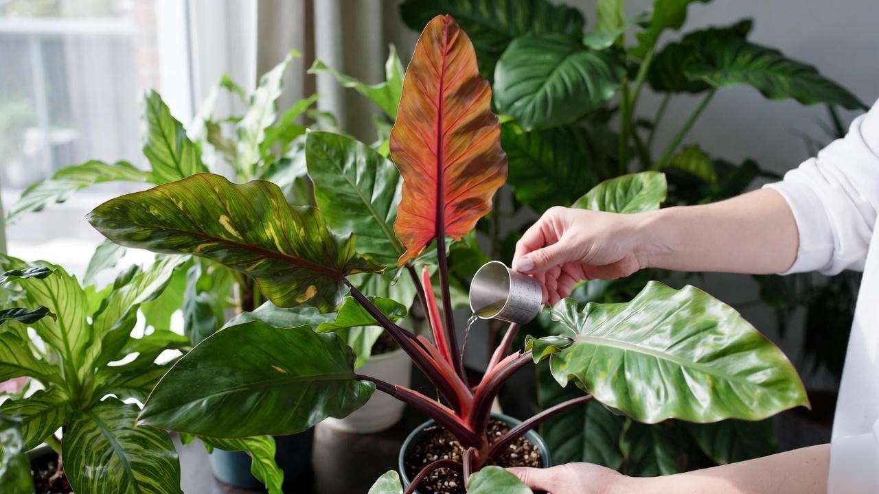 Fertilizing a Philodendron Red plant with water-soluble solution