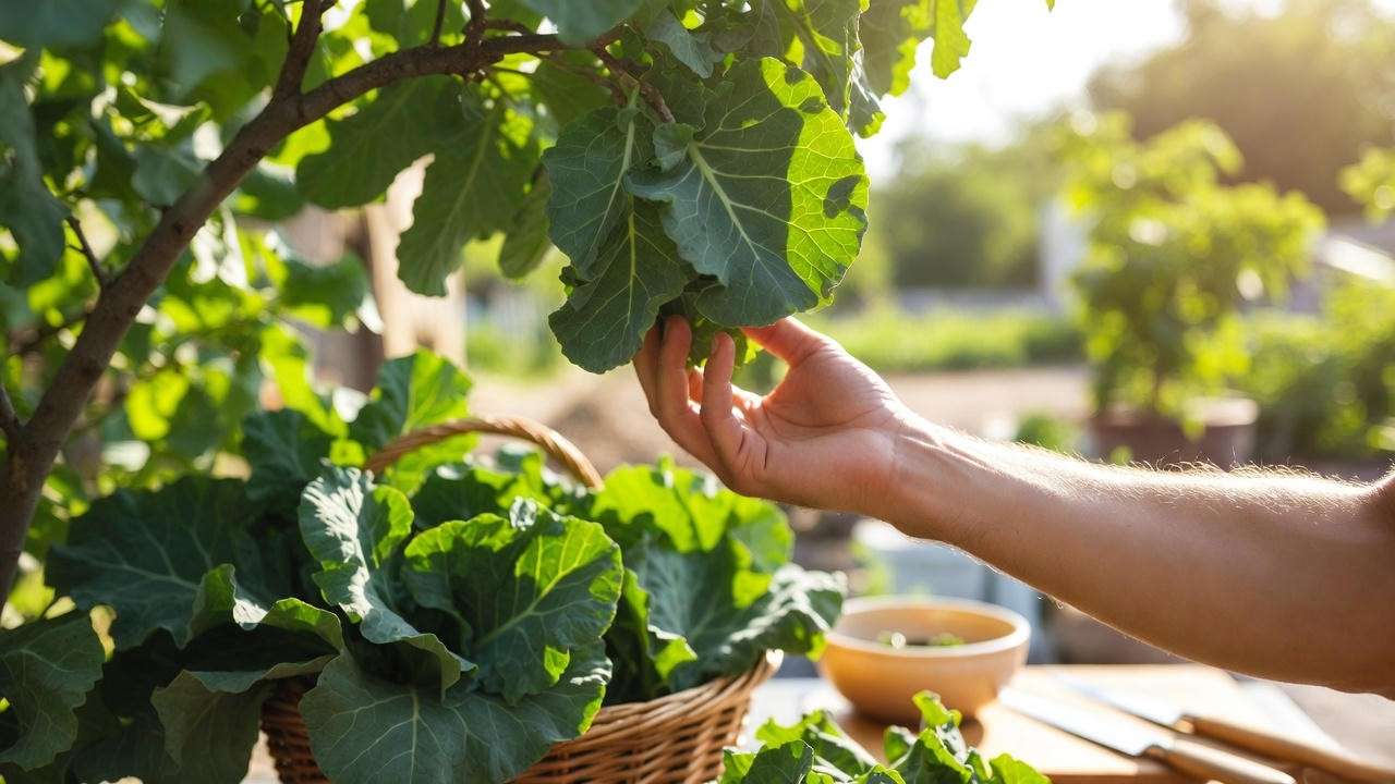 Hand harvesting fresh collard green leaves with a basket.