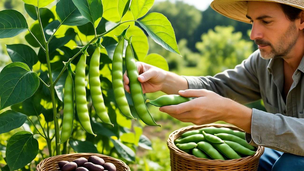 Gardener harvesting navy bean pods with basket in a bright garden.