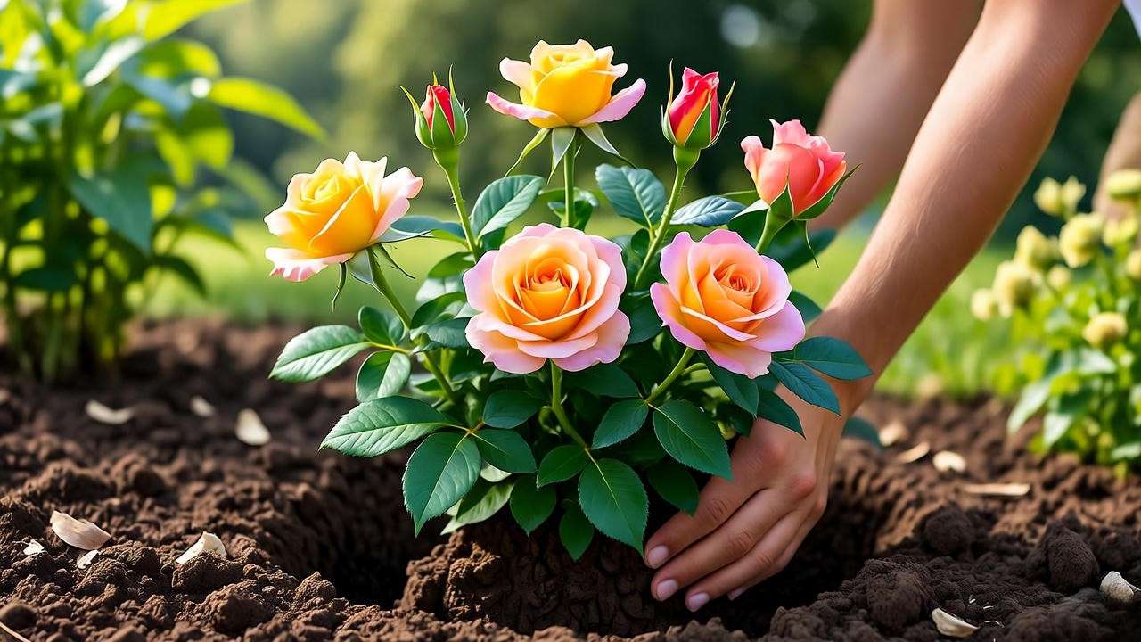 Gardener planting a Rio Samba rose plant in well-draining soil with compost in a sunny garden."