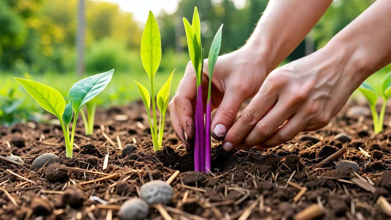 "Hands planting purple sweet potato slips into well-draining soil in a sunny garden."