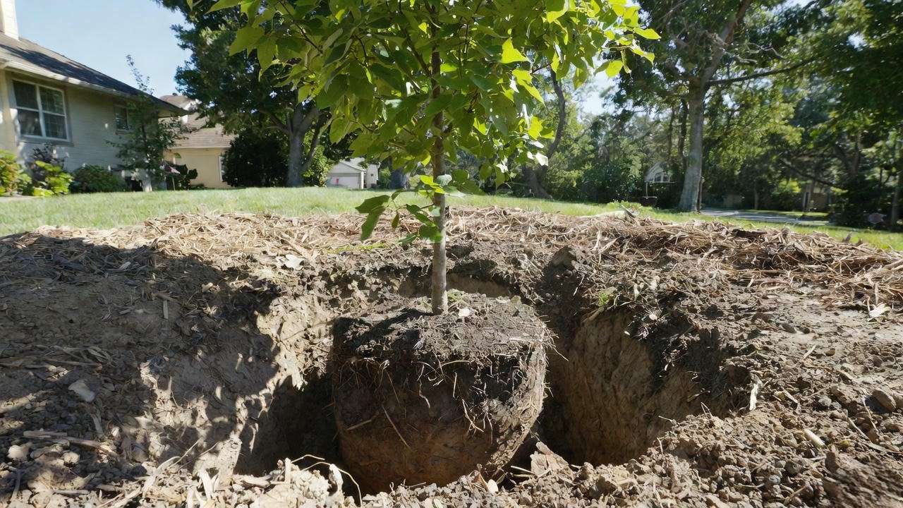 Correct planting depth for Brandywine maple tree showing exposed root flare