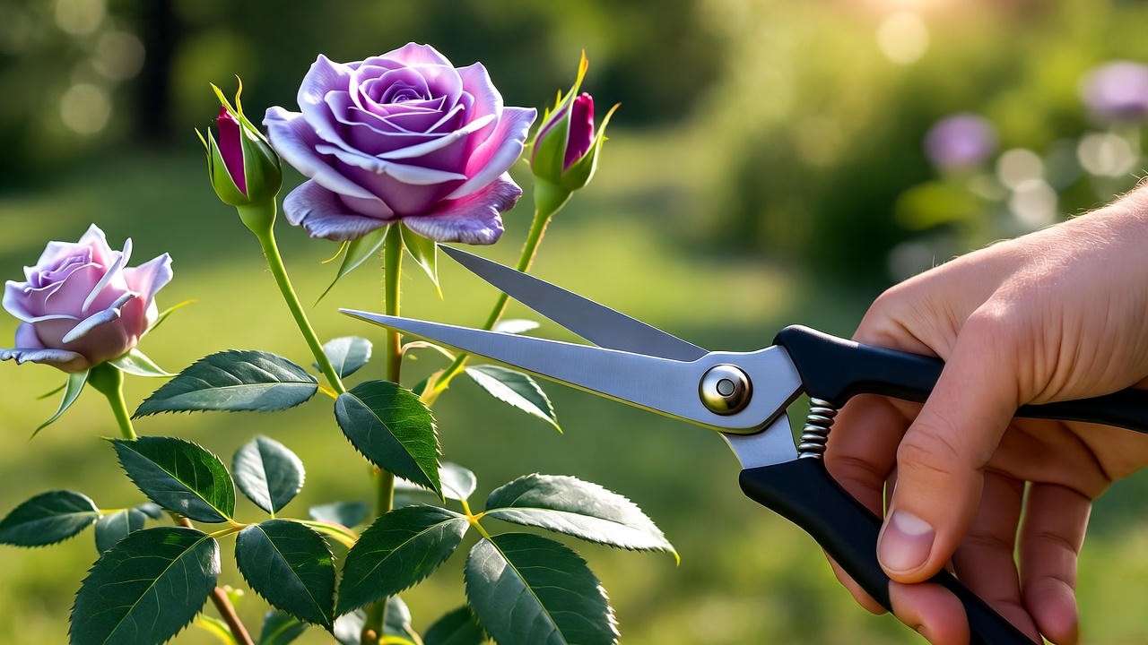 Gardener pruning sterling silver rose plant with shears for healthy growth."