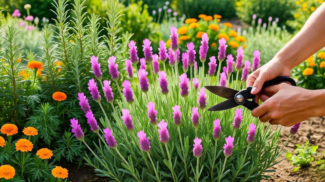 Gardener pruning pink lavender plant with companion plants in sunny garden."