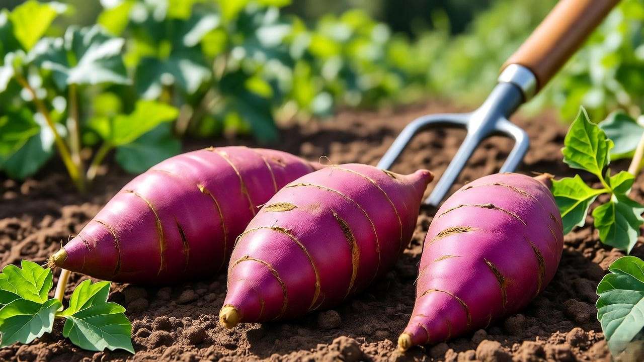 Freshly harvested purple sweet potatoes beside green vines in a sunny garden."