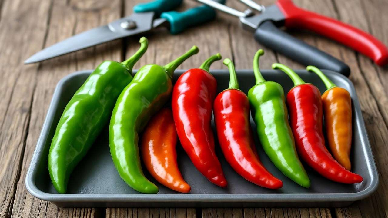 "Freshly harvested green and red shoshito peppers on a wooden table