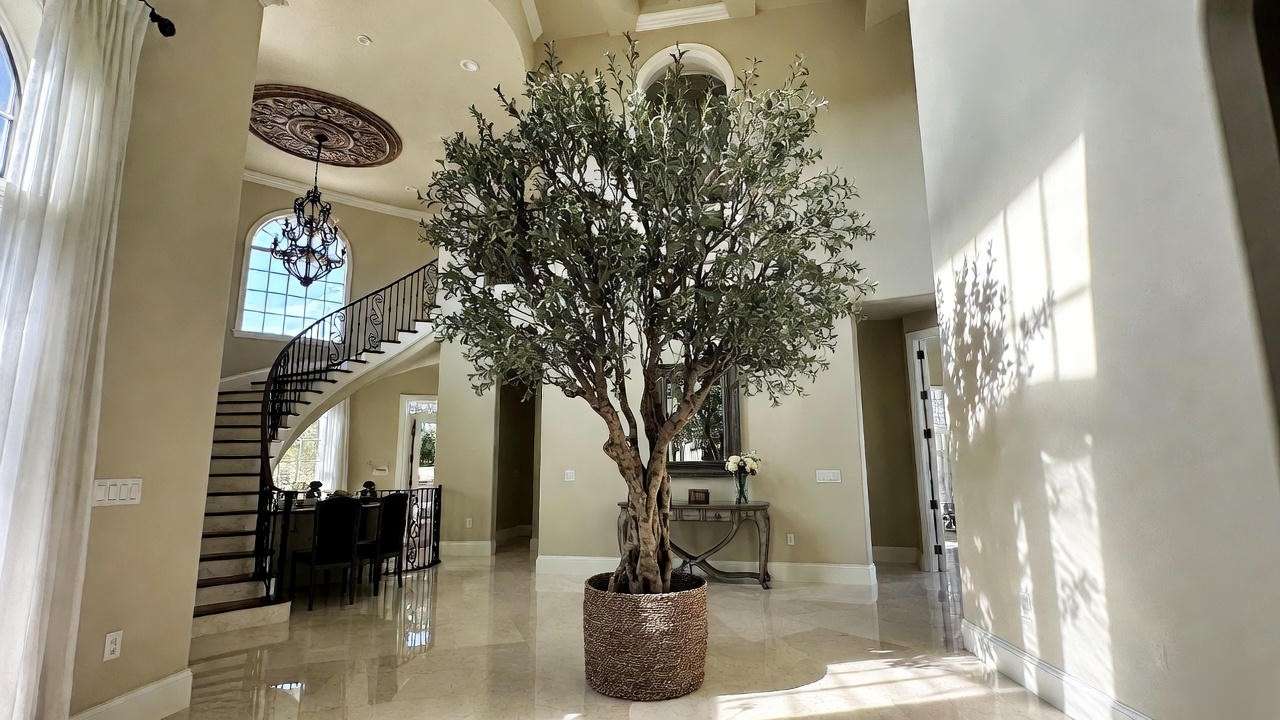 8-foot faux olive tree in two-story entryway with high ceilings