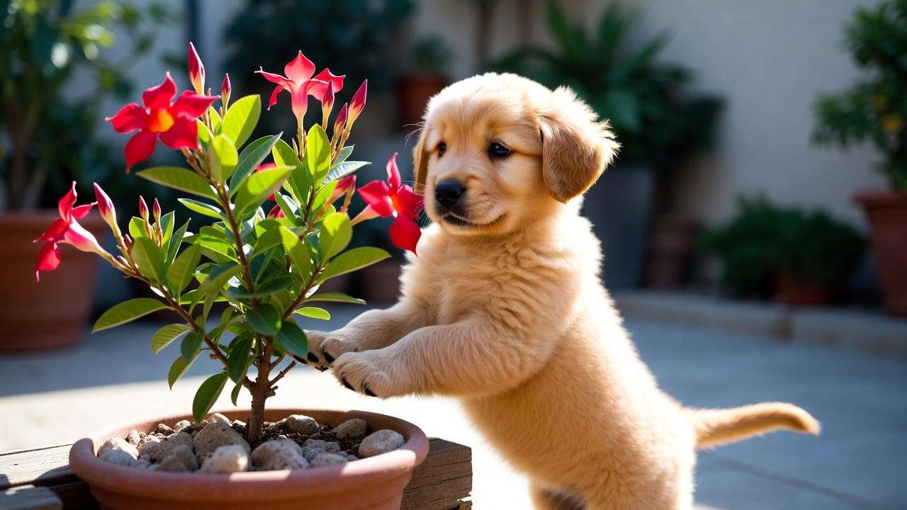 Curious puppy trying to reach mandevilla plant – dogs are at highest risk of mandevilla poisoning