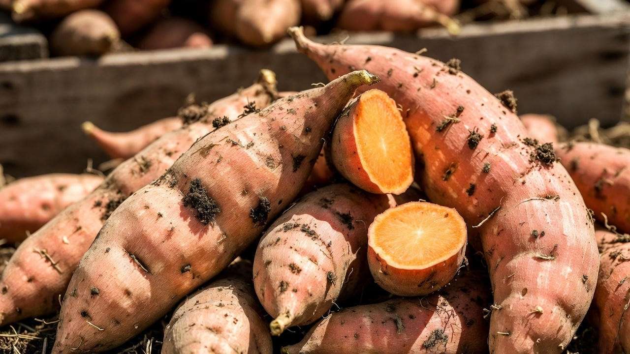 Large harvest of Beauregard sweet potatoes showing copper skins and orange flesh