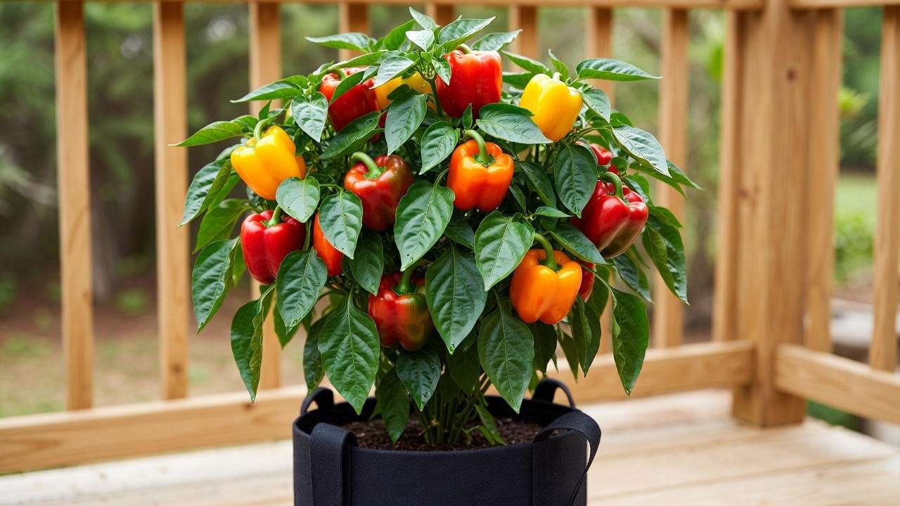 Thriving bell pepper plant in container producing dozens of colorful ripe peppers