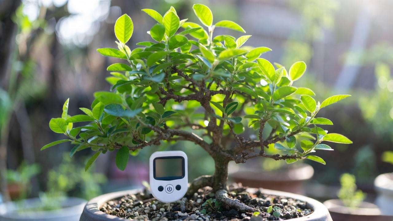 Close-up of bonsai tree with moisture meter in soil, healthy green leaves, well-draining pot in garden."