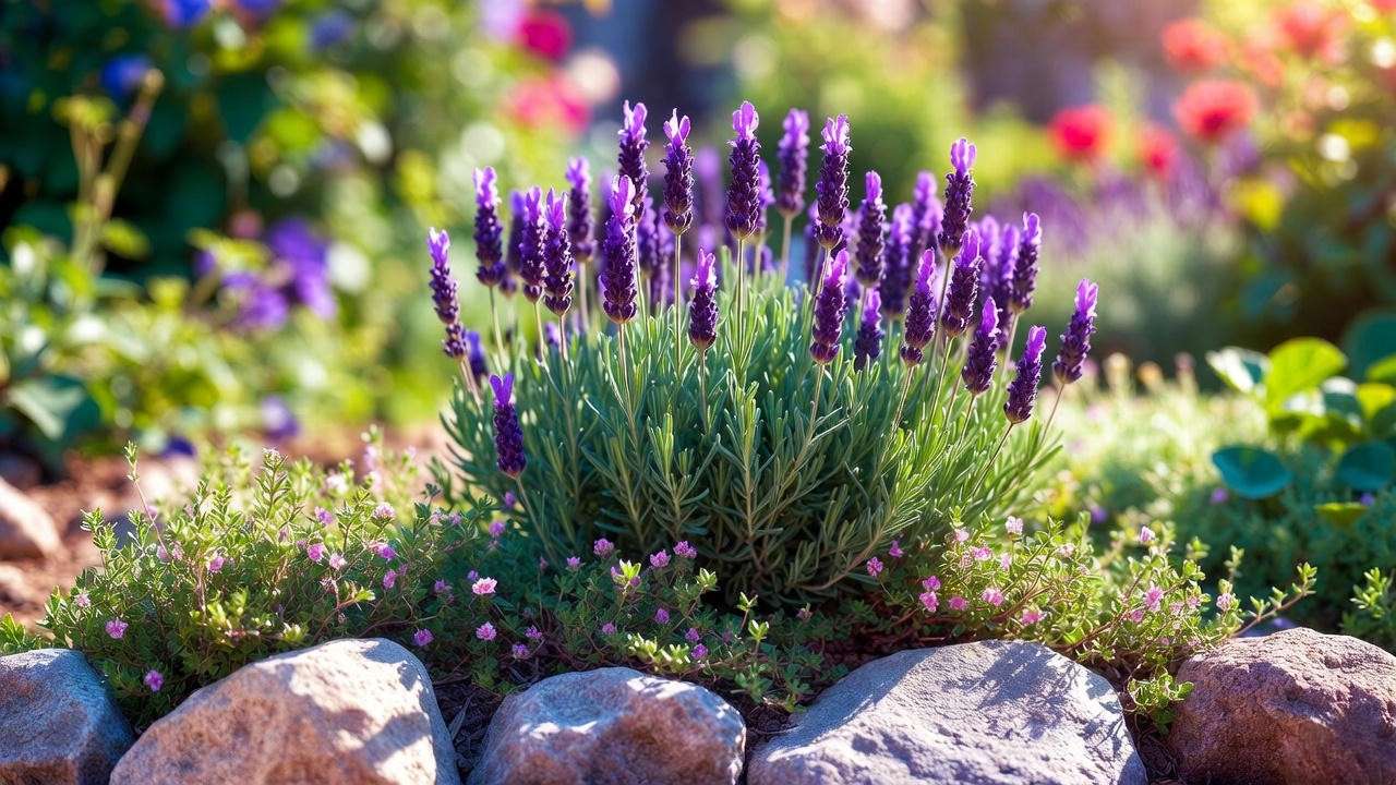 Close-up of lavender and creeping thyme in a small garden with stone pavers."