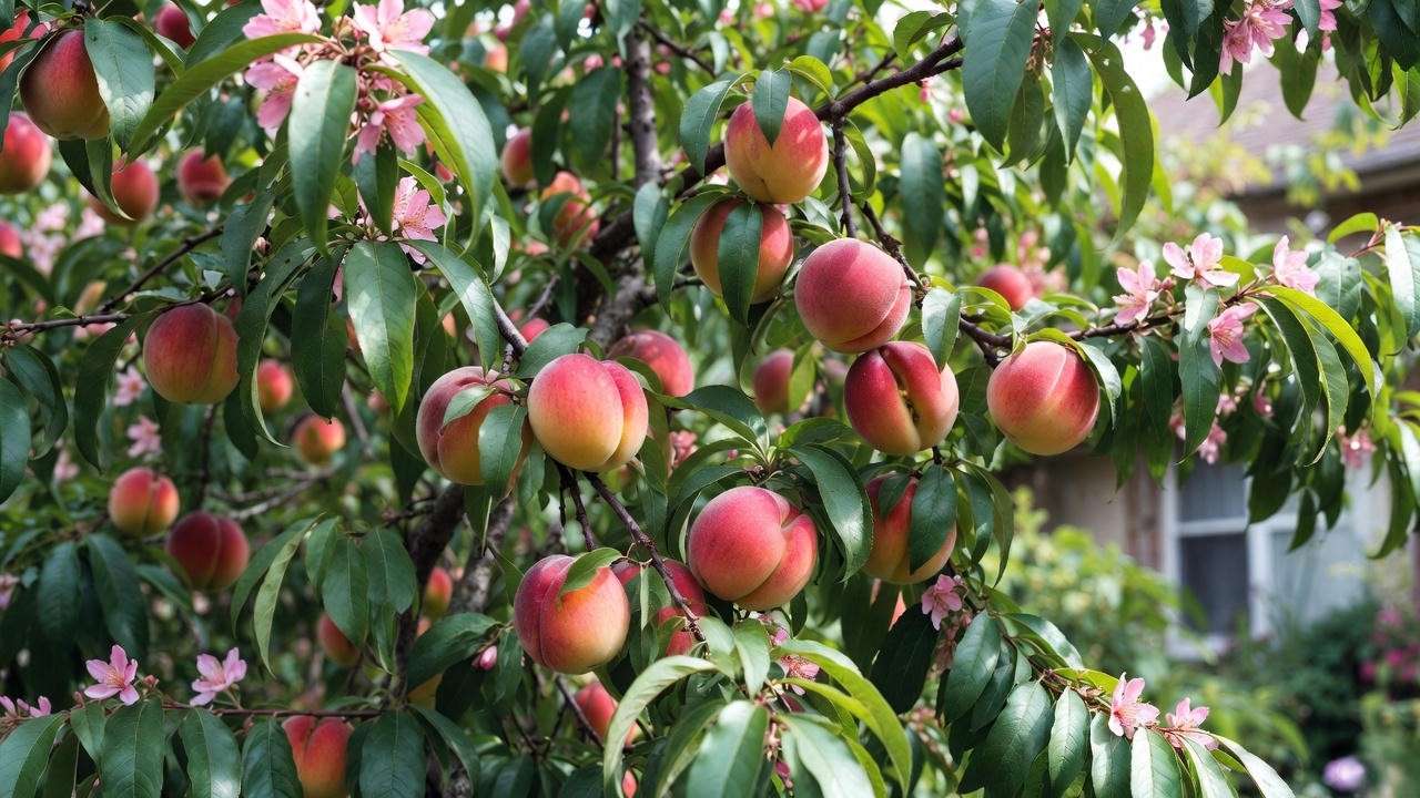 Ripe Redhaven peach tree in a sunny backyard garden with lush green leaves and blossoms"