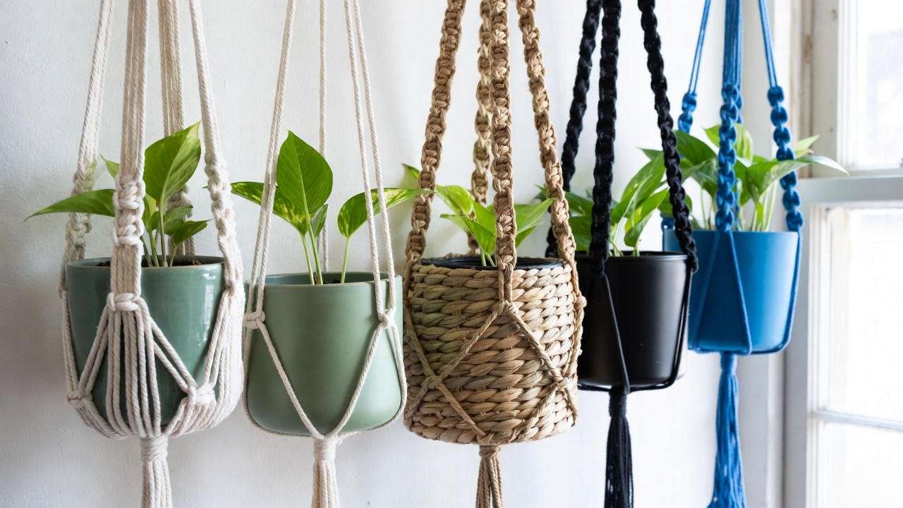 Different materials for hanging plant containers indoor – macramé, ceramic, seagrass, metal, and recycled plastic compared side by side”
