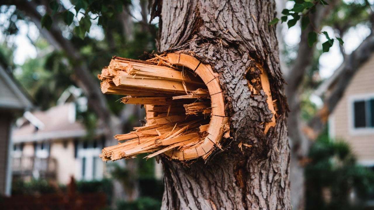 Catastrophic branch splitting damage on mature Cleveland Select flowering pear tree