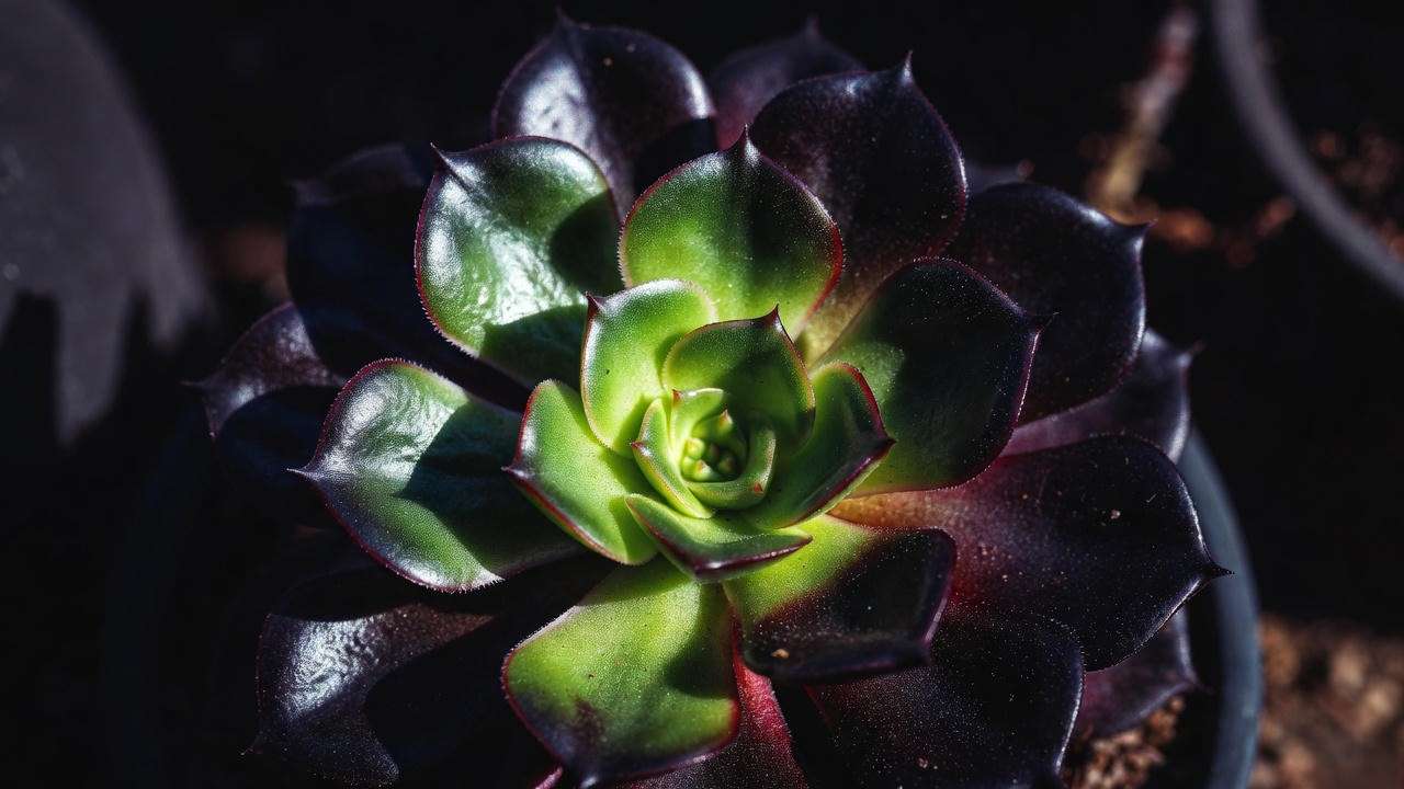 Black succulent plant turning from green to deep black due to anthocyanin production under stress